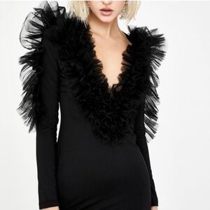 Kiki Riki Black ruffle tulle long sleeve black mini dress!